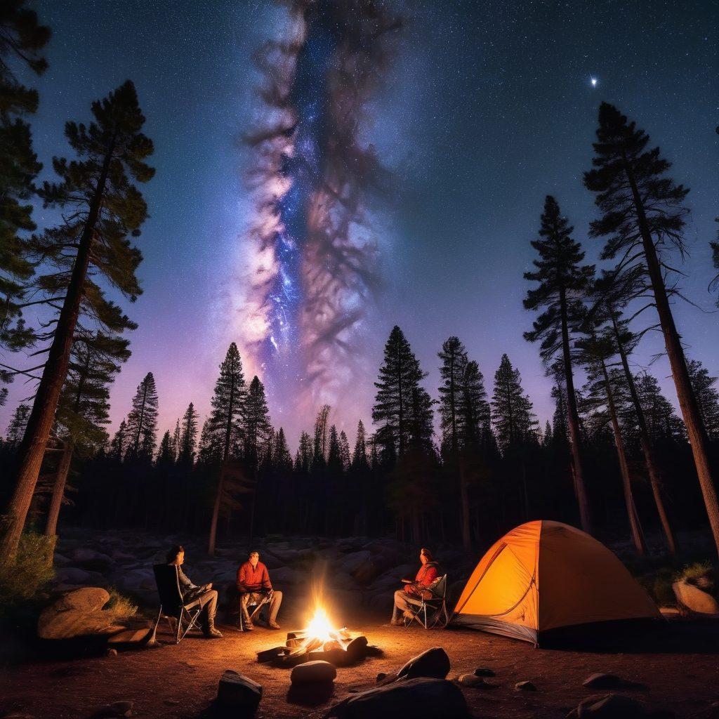 A breathtaking panoramic view of a serene campsite nestled among towering pine trees, with a warm campfire crackling in the foreground. Include a starry night sky above, showcasing the Milky Way, and silhouettes of hikers exploring a nearby trail. The scene should evoke a sense of adventure and tranquility, capturing the essence of wilderness camping. super-realistic. vibrant colors. twilight ambiance.
