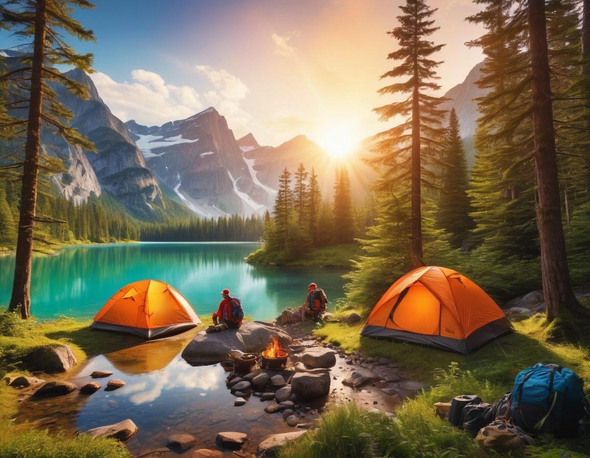 An adventurous scene depicting a diverse group of campers setting up tents in a lush green forest, surrounded by majestic mountains and a sparkling lake. Include various camping gear like backpacks, hiking boots, and a glowing campfire. Capture a sense of excitement and discovery, with wildlife peeking through the trees. The sky should be bright and sunny, radiating warmth and adventure. vibrant colors. super-realistic. natural landscape.