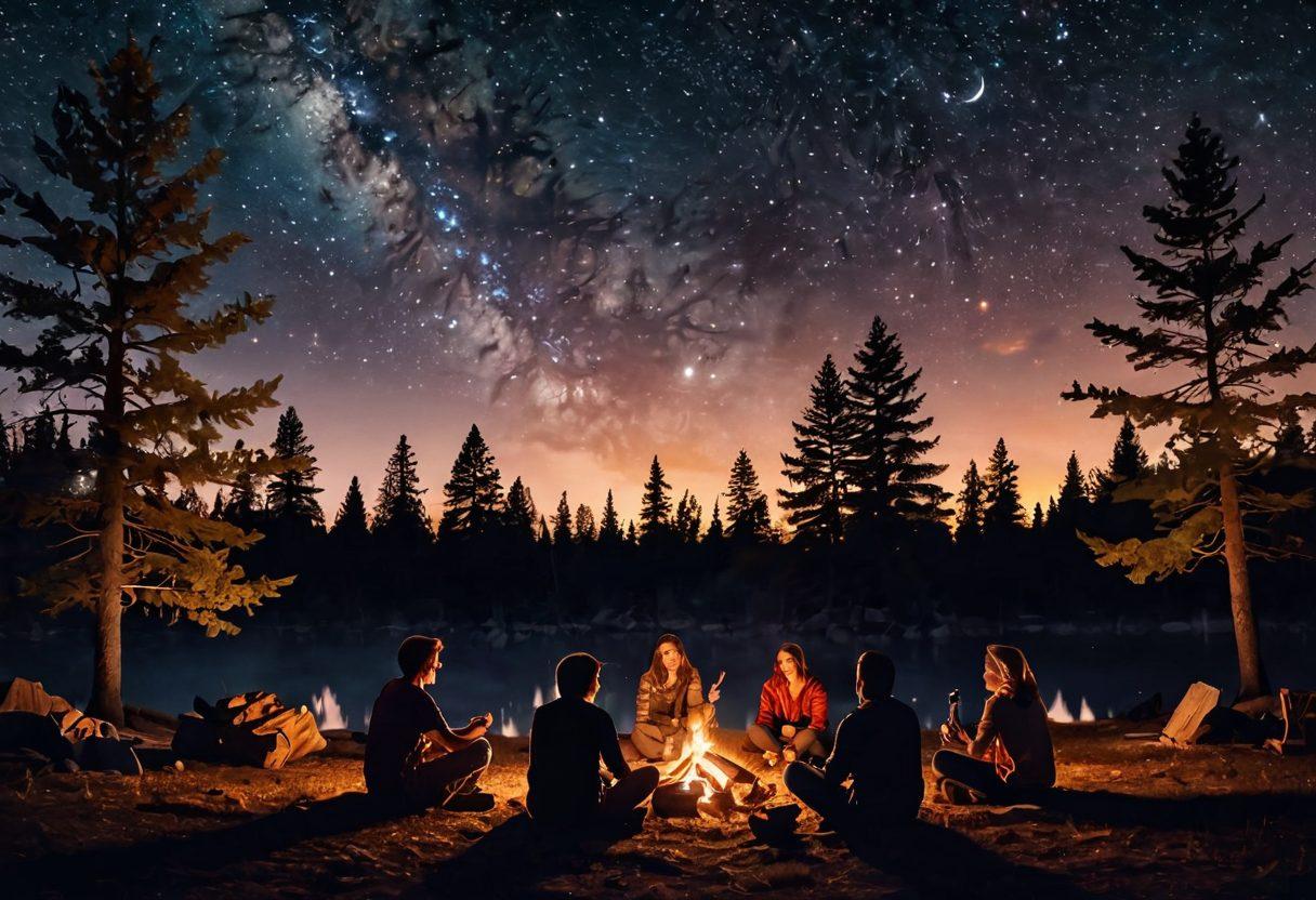 A cozy campfire surrounded by friends sharing stories under a starlit sky, with twinkling stars and a glowing moon above. Capture the warmth and intimacy of the fire, while showcasing silhouettes of trees in the background. Include elements like a picnic blanket, marshmallows roasting on sticks, and a telescope nearby for stargazing. This scene exudes a sense of adventure and connection with nature. super-realistic. vibrant colors. night sky.